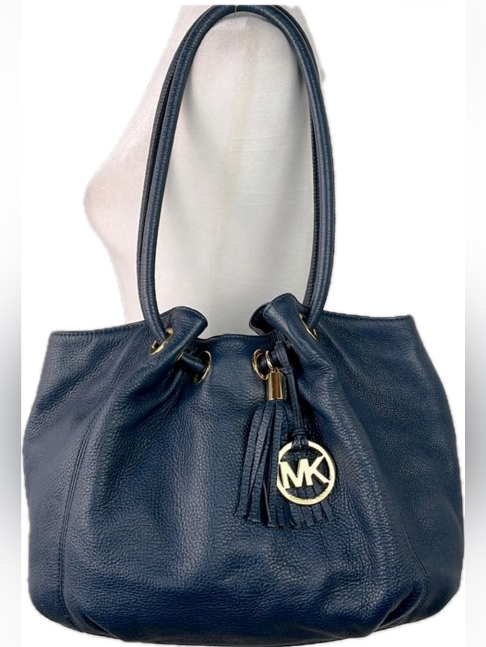 Michael Kors Dark Blue Pebbled Leather Shoulder Bag with MK Charm 14 by 10